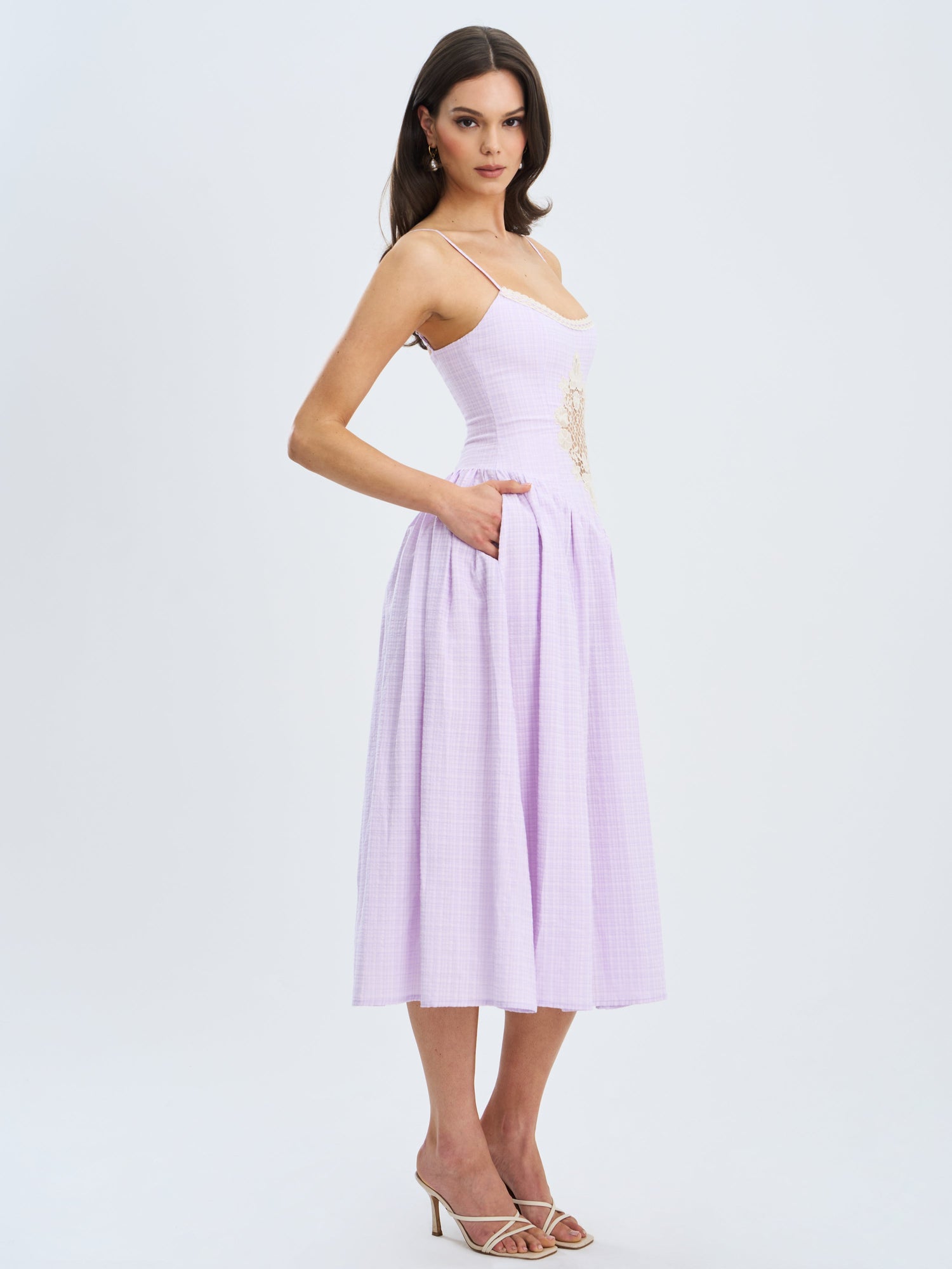 Jaclyn Lace Trim Cutout Seersucker Midi Dress | Lavender