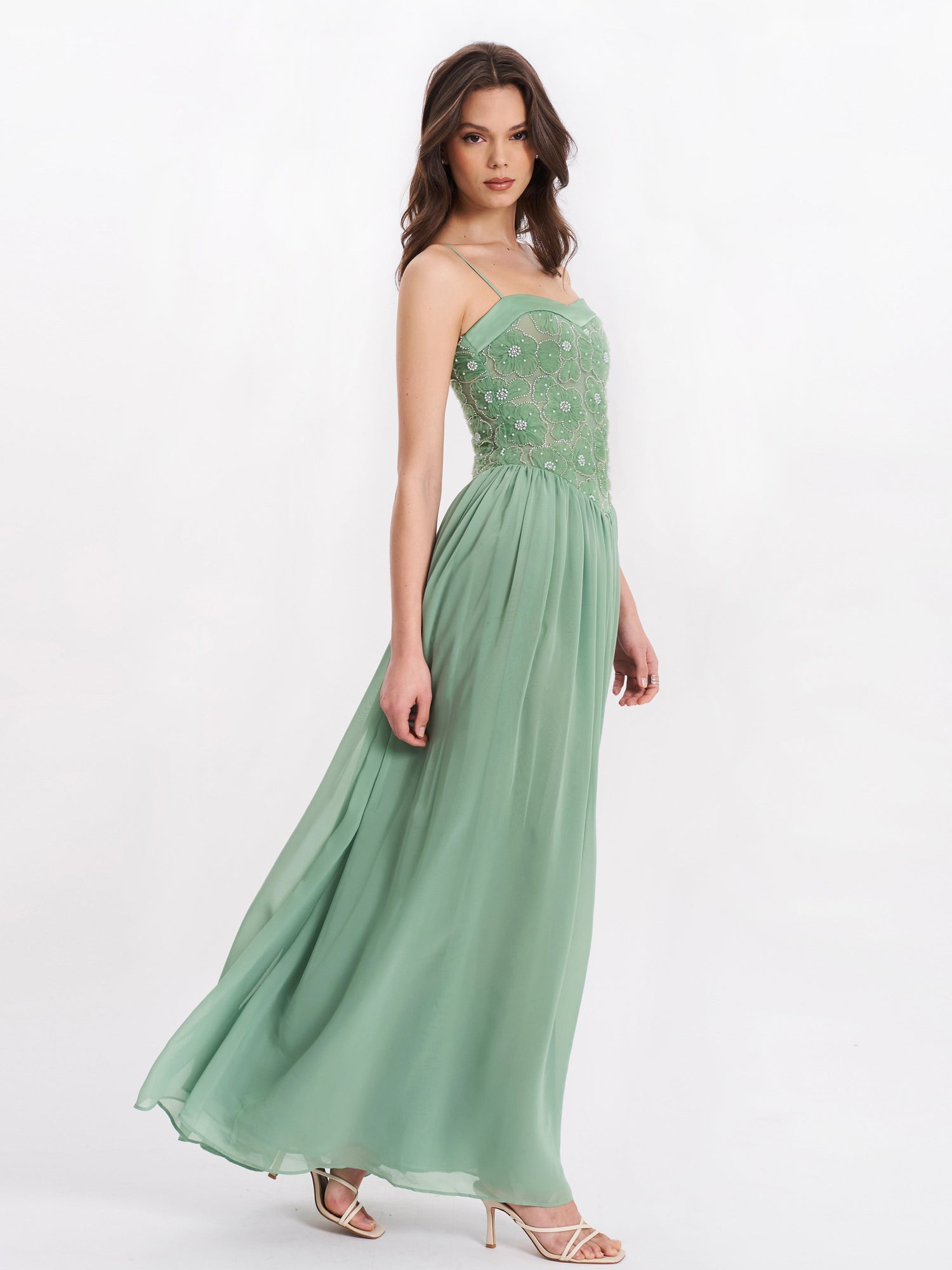 Ucille Embroidered Chiffon Maxi Dress | Sage Green