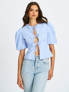 Qusayla Cotton Bubble Sleeve Bowtie Top | Baby Blue Gingham