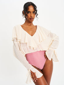Magali Dotted Mesh Ruffle V Collar Top | Beige