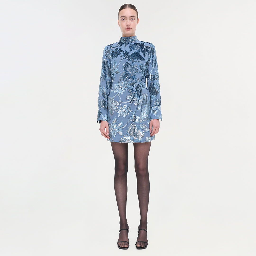Blue floral printed dress with long sleeves, mock neckline, and A-line silhouette.