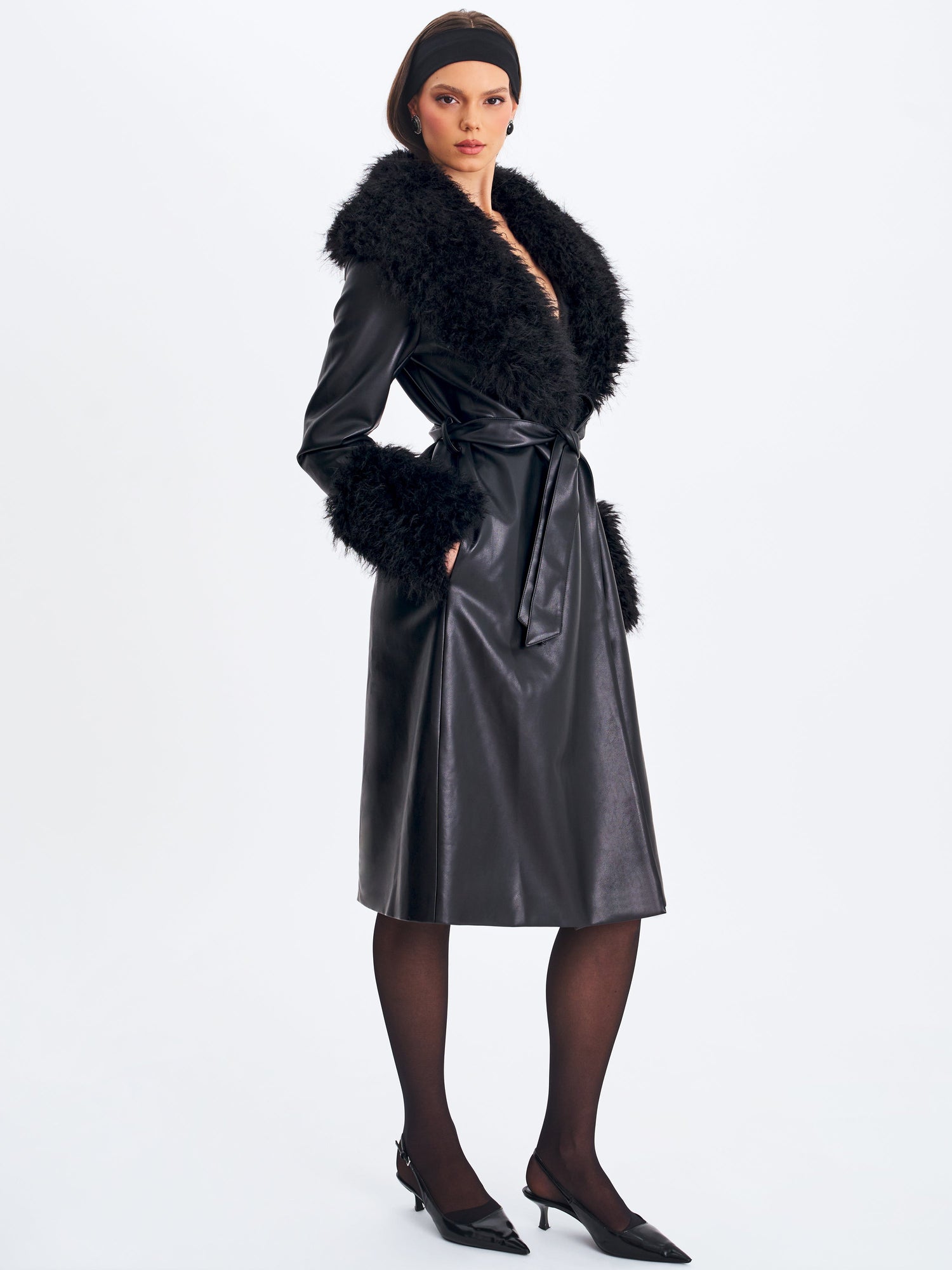 Zariah Faux Fur Trimmed Longline Coat | Black