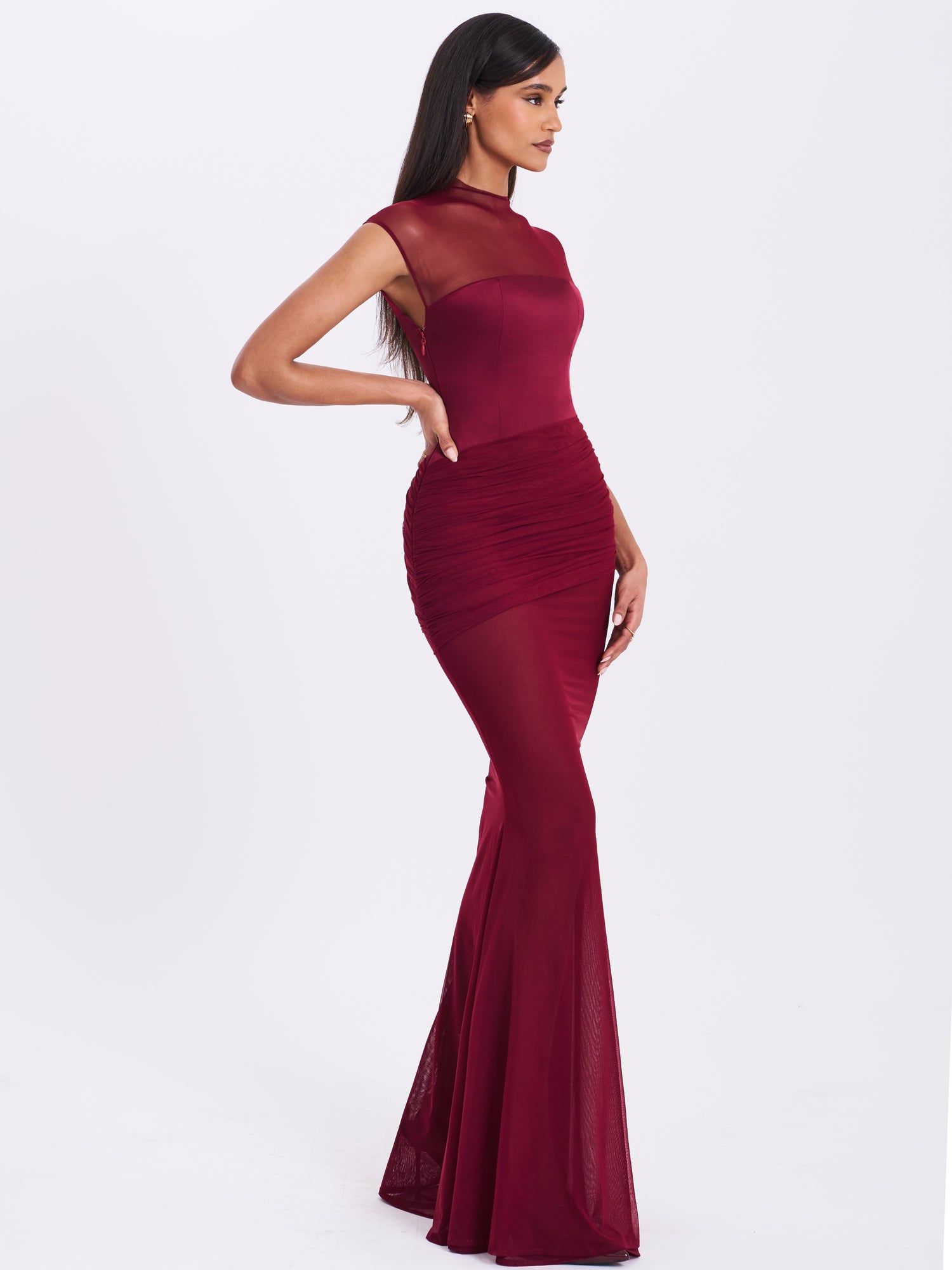 Fabienne Mesh Cap Sleeve Mermaid Gown | Burgundy