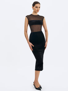 Quielle Mesh and Velvet Midi Bodycon Dress | Black