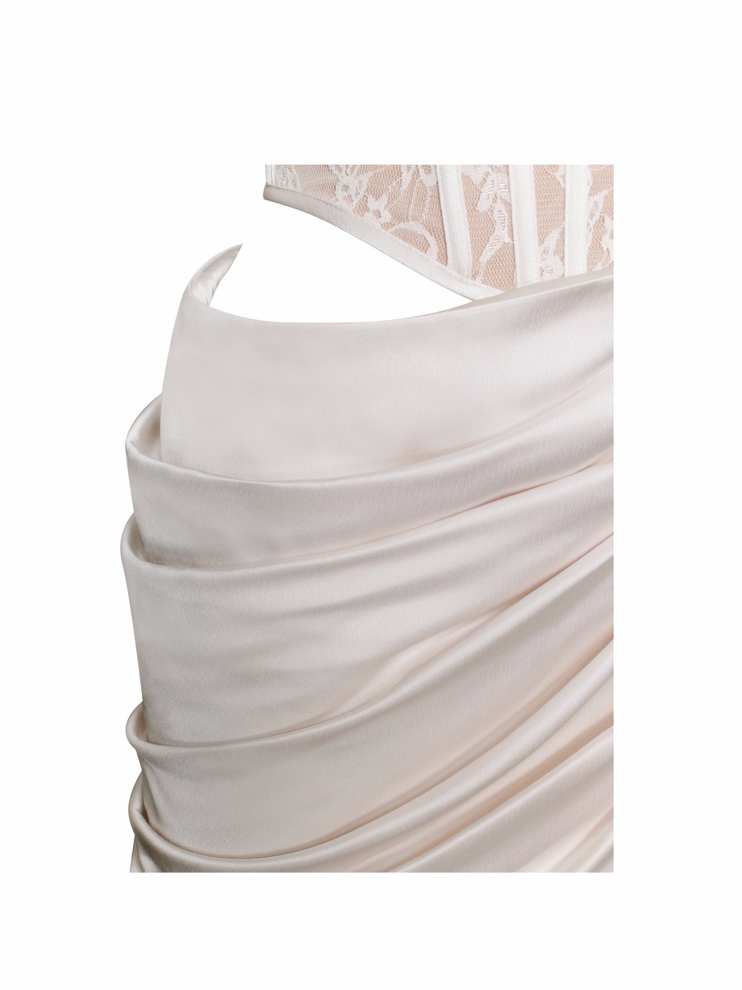 Callie Lace Satin Corset High Slit Gown | Pearl White