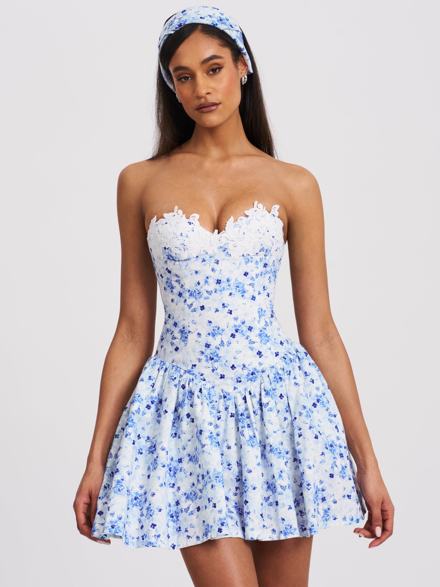 Taleah Floral Print Linen Mini Dress with Lace Trim | Blue