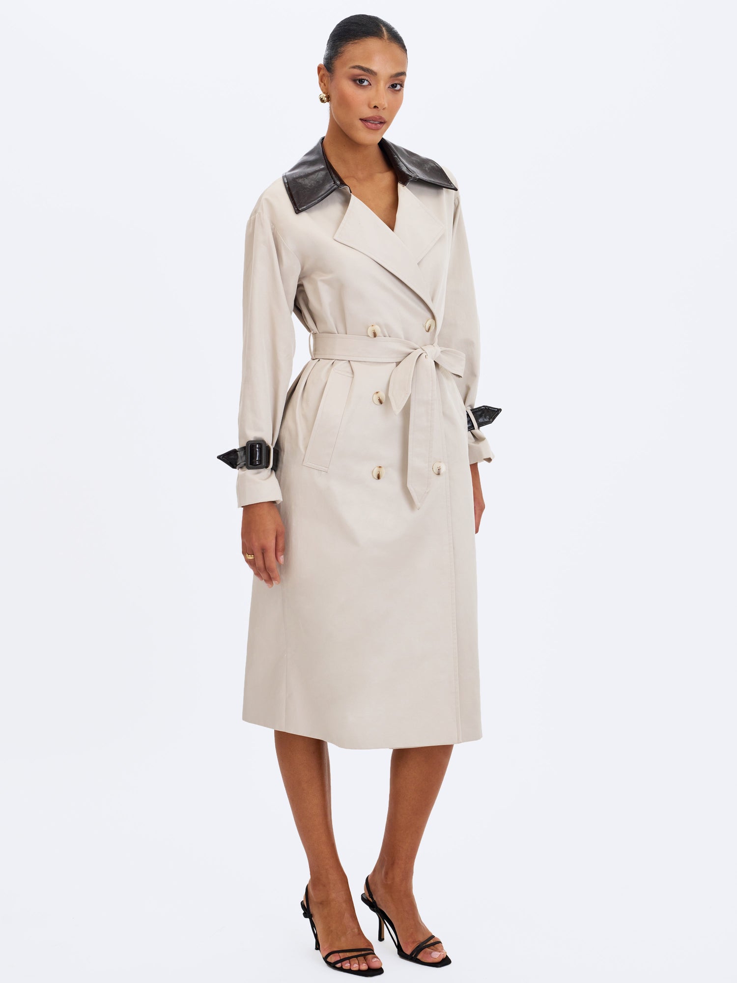 Umber Double-Breasted Faux Leather Lapel Trench Coat | Oyster