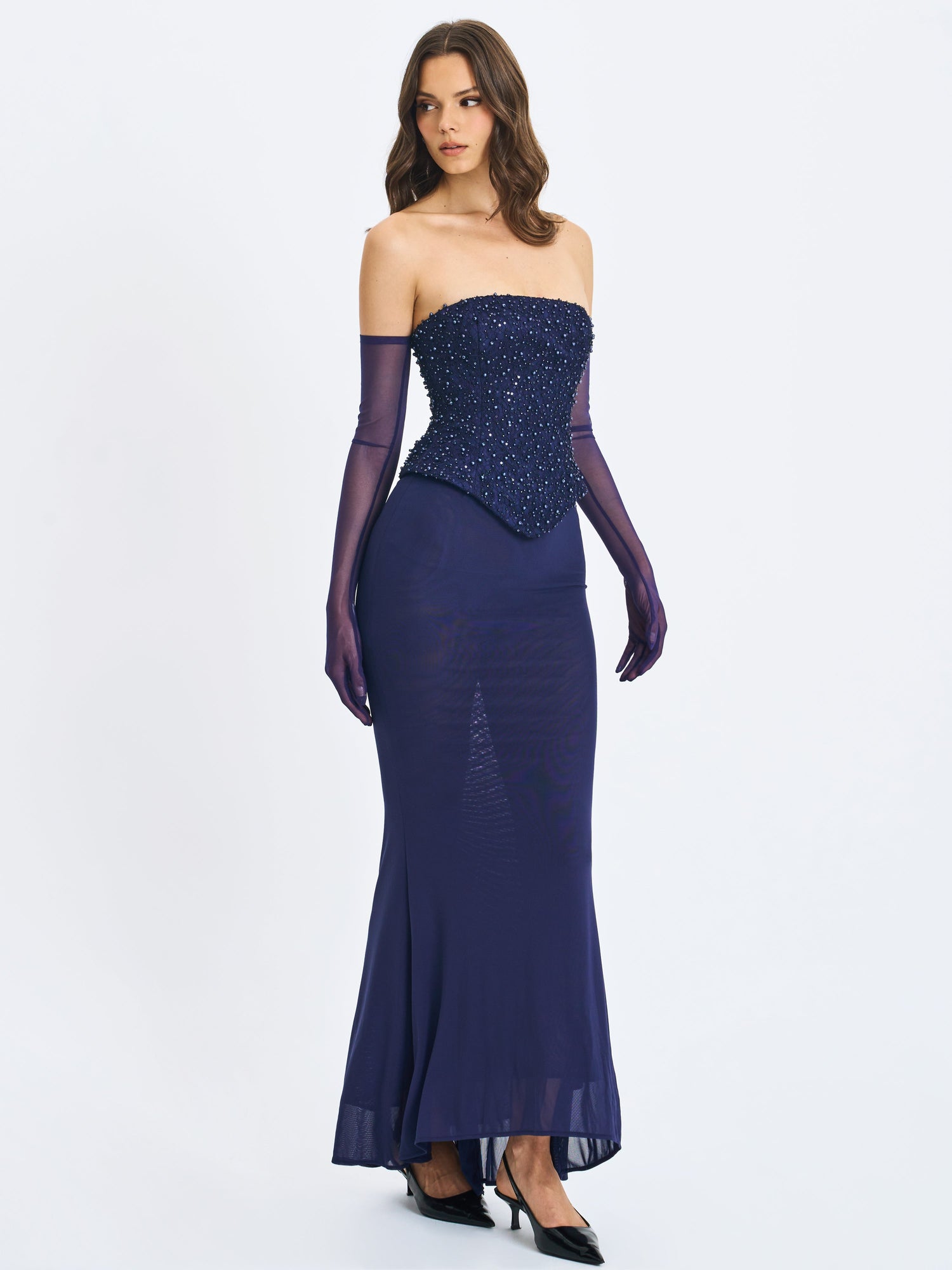 Orabelle Beaded Peplum Mermaid Maxi Gown with Lace-up Back | Navy