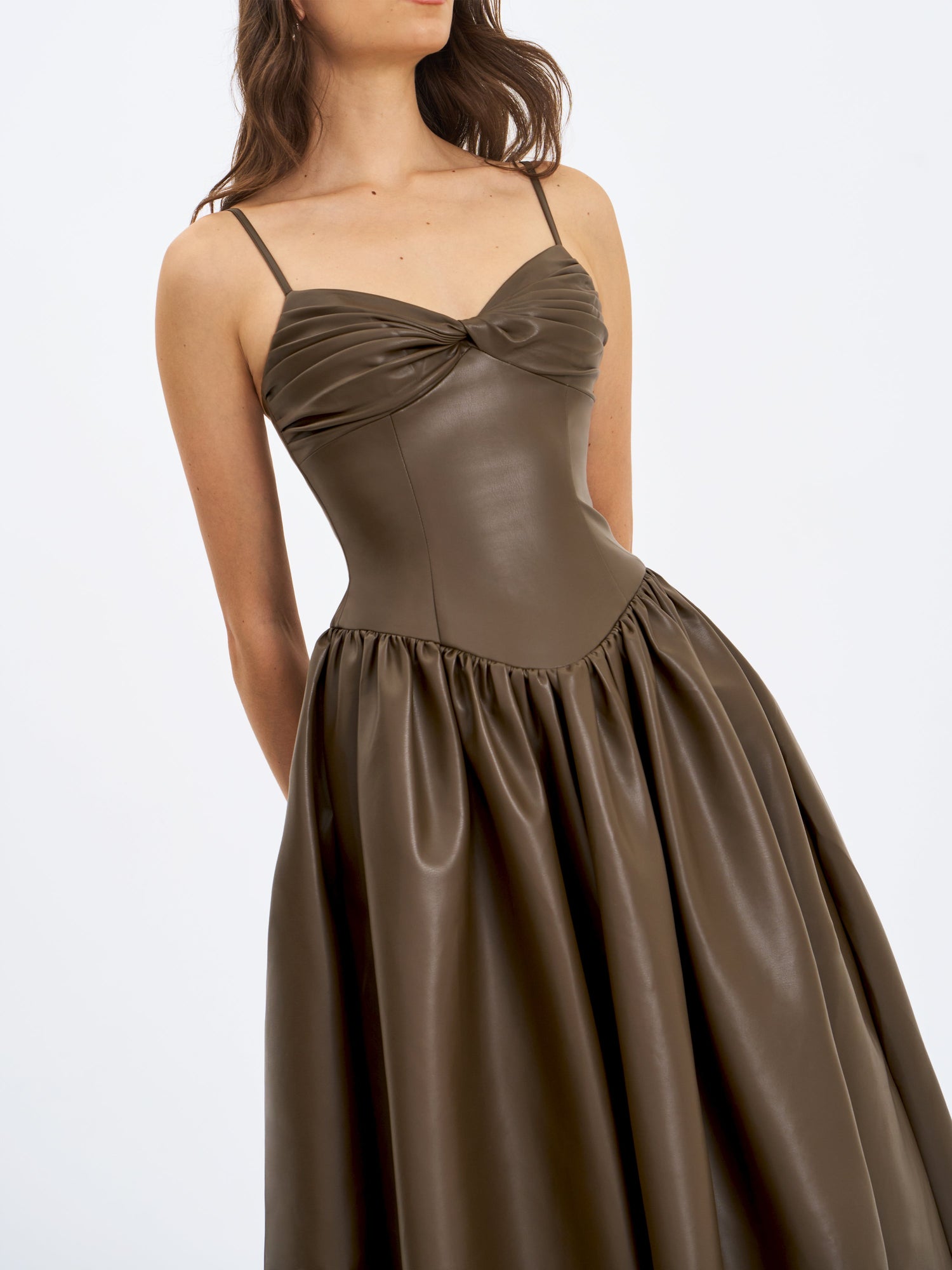 Parisia Vegan Leather Drop Waist Midi Dress | Cocoa