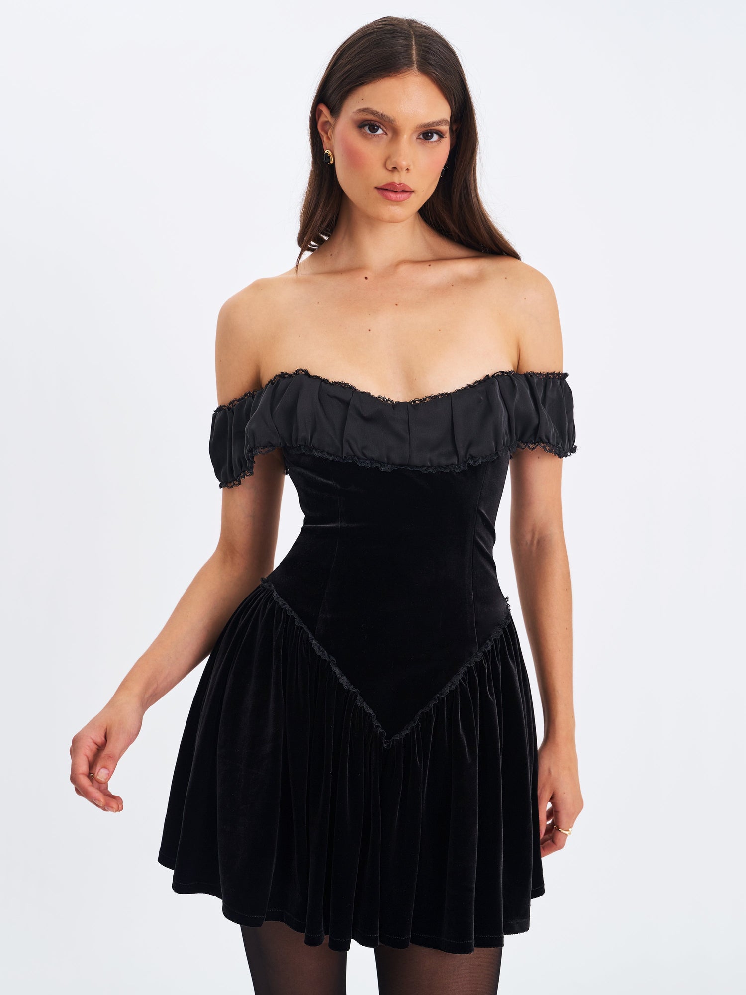 Daisha Lace Trimmed Off-Shoulder Ruched Mini Dress | Black