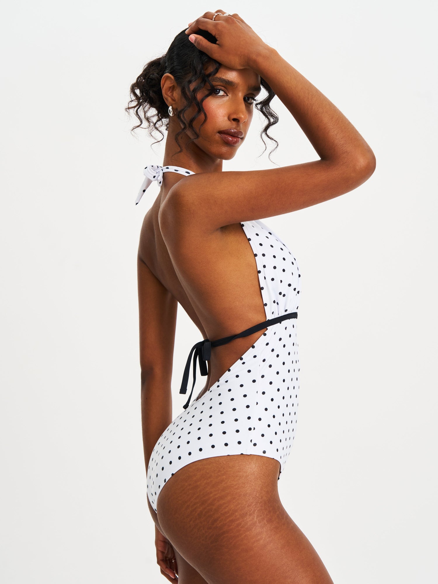 Olive Base Polka Dot Ruched Halter Backless Swimsuit | White