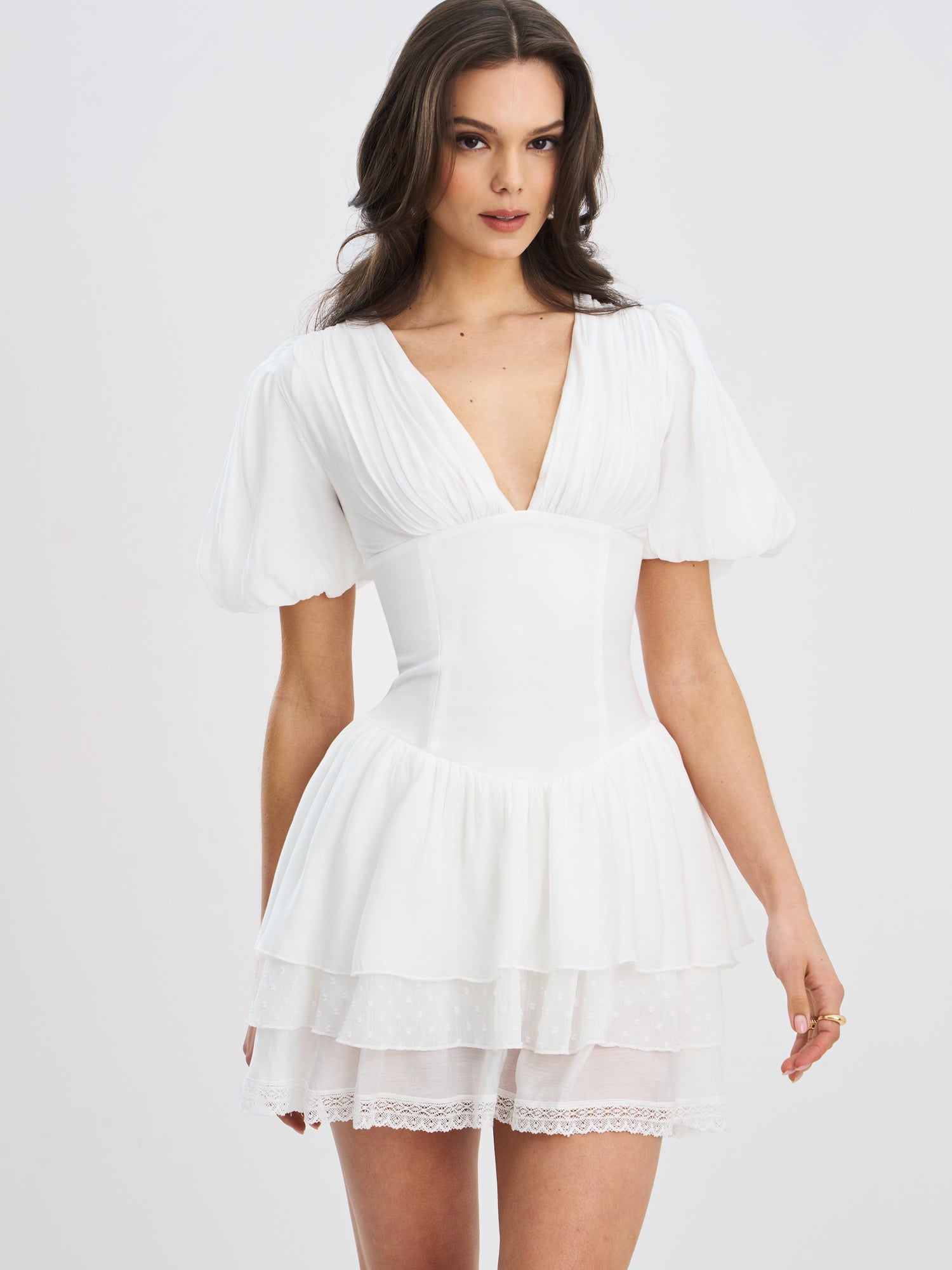 Caitlyn Bubble Sleeve Corset Layered Mini Dress | White
