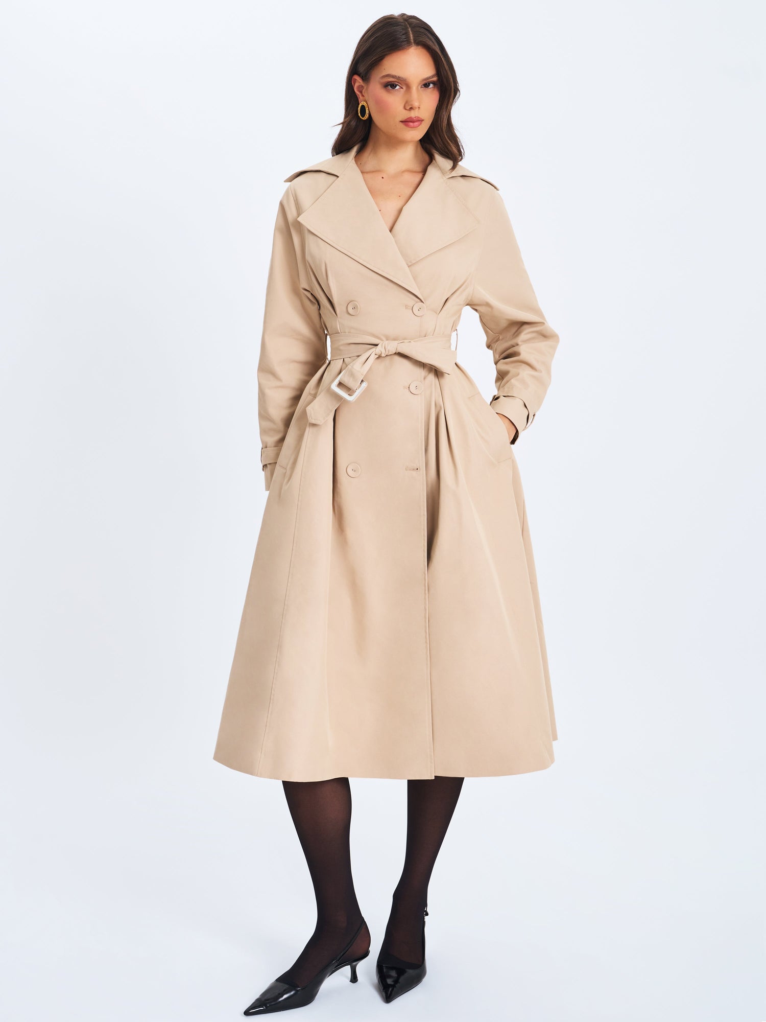Ulila Double-Breasted Pleated Cotton-Blend Trench Coat | Beige