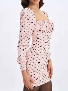 Perla Ruched Bust Velvet-Embossed Bow Mini Dress | Baby Pink