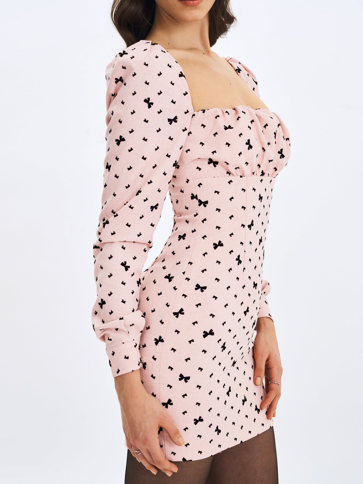 Perla Ruched Bust Velvet-Embossed Bow Mini Dress | Baby Pink