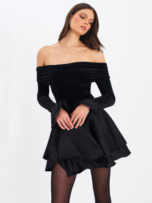 Magnolia Off-Shoulder Layered Satin Mini Dress | Black