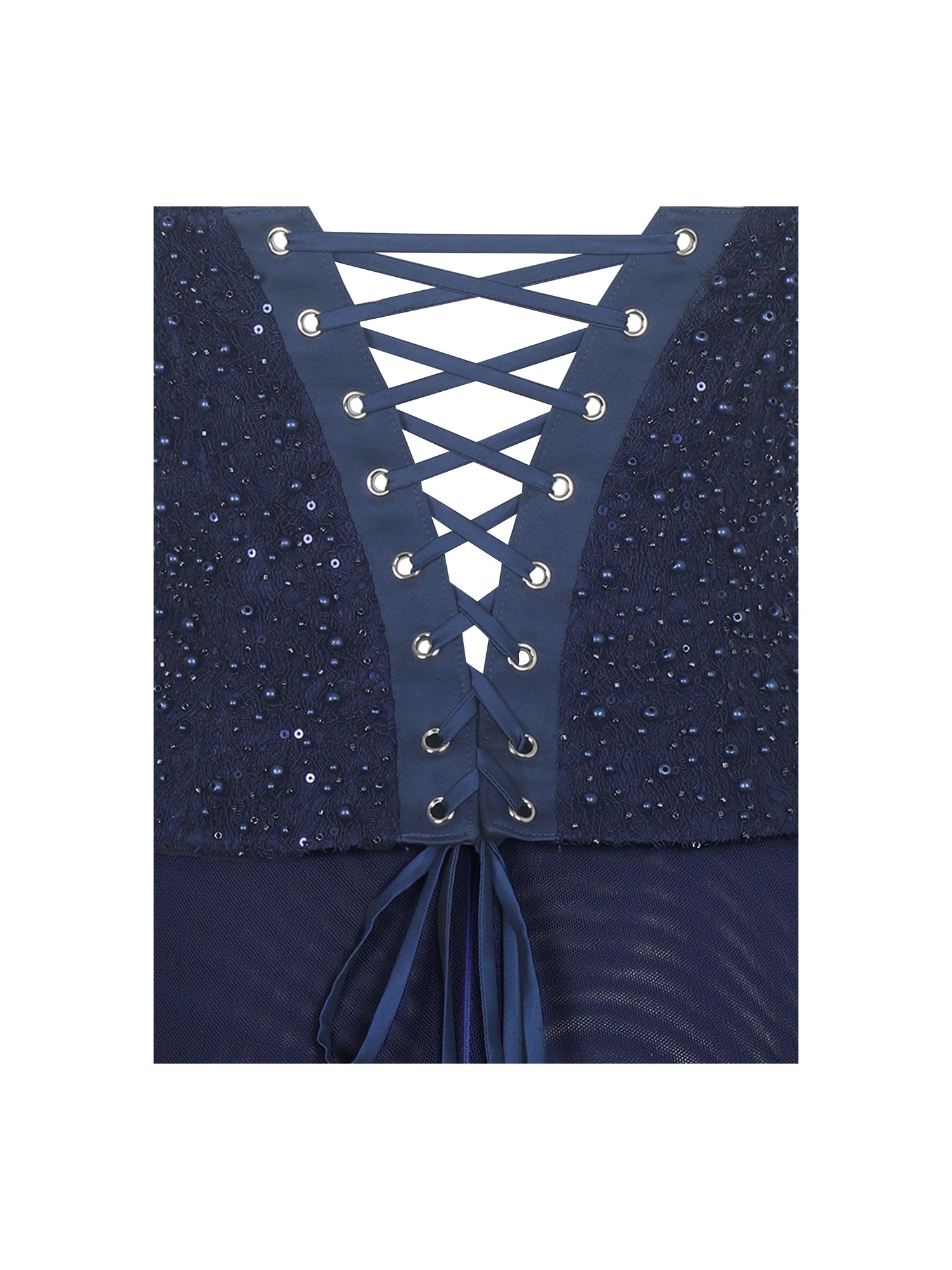 Orabelle Beaded Peplum Mermaid Maxi Gown with Lace-up Back | Navy