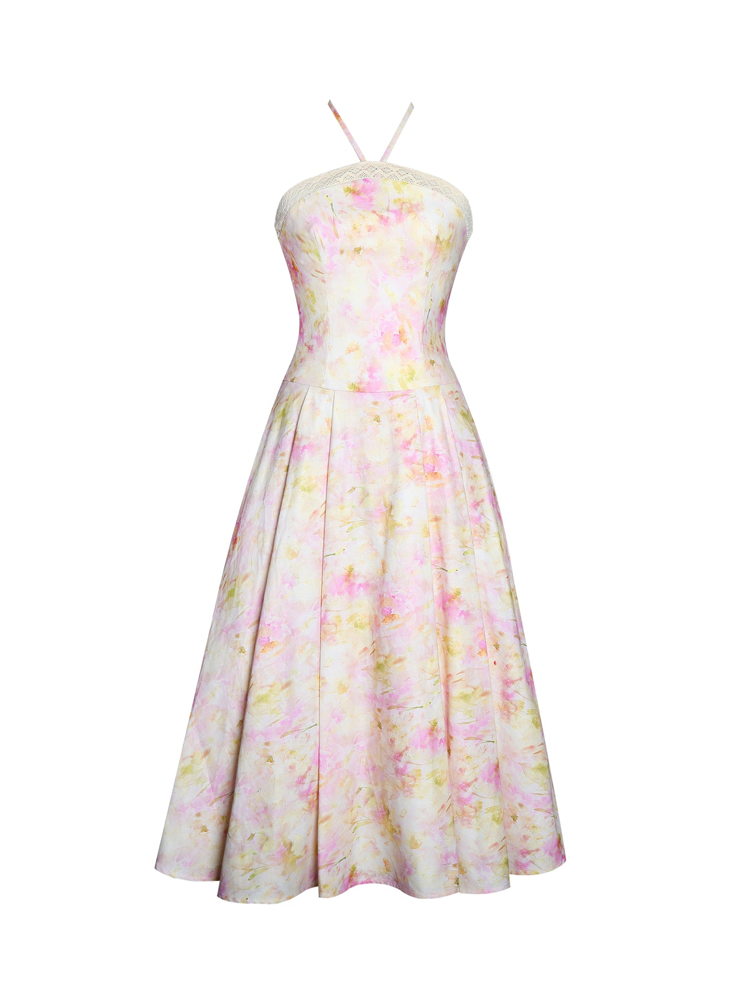 Zaina Floral Print Lace Trim Linen Midi Dress | Yellow and Pink