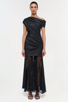 Black off-shoulder taffeta midi dress with ruched bodice and pleated sheer skirt.