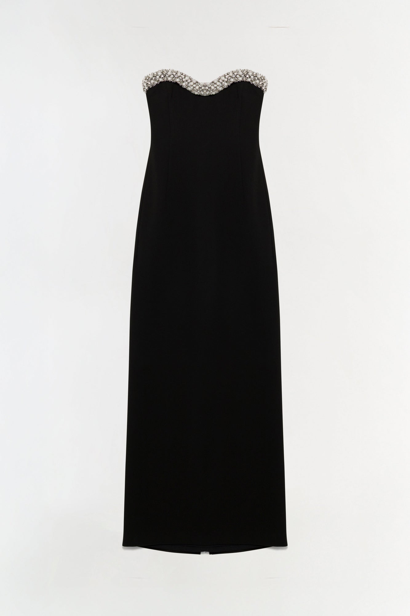 Black strapless gown with beaded crystal embellishments along the sweetheart neckline.