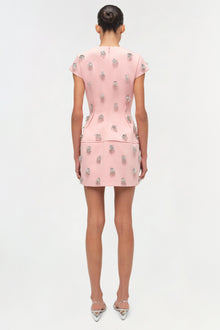 Pink mini dress with silver beaded embellishments scattered throughout, short sleeves, and seamed waist detail.