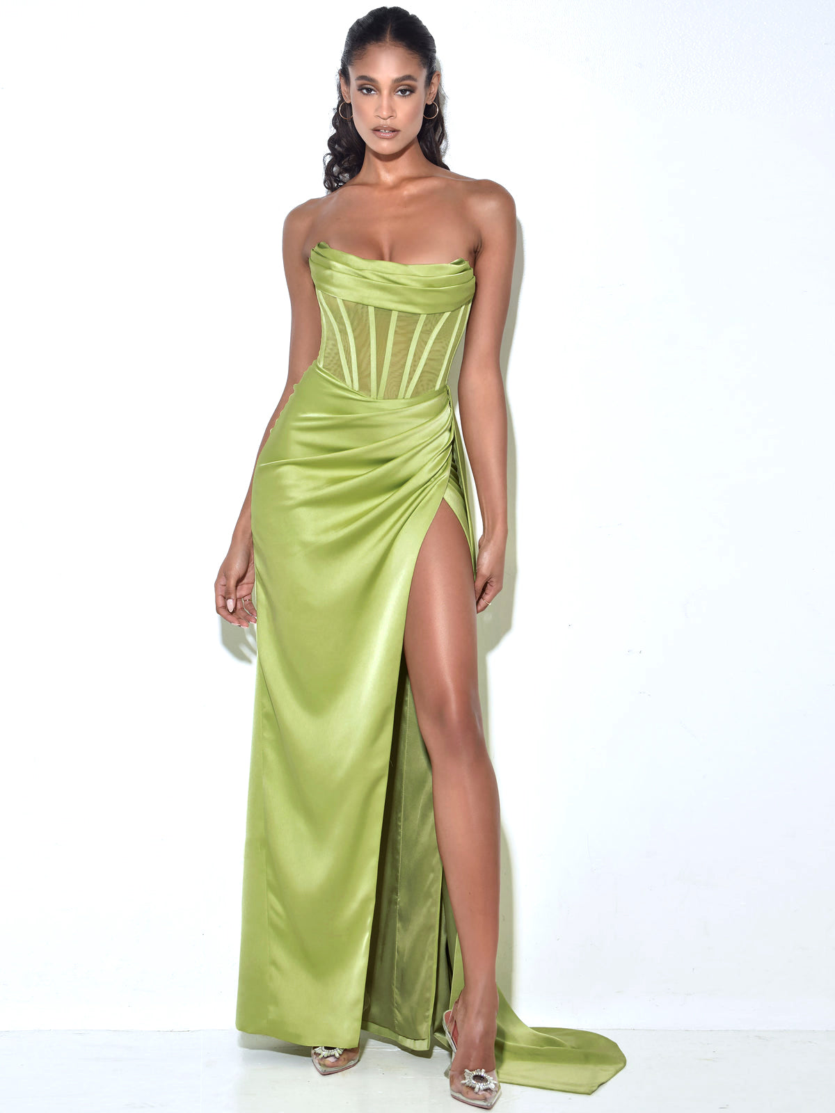 Prisa High Slit Satin Corset Gown | Lime
