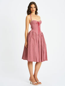 Susanna Red Cotton Gingham Drop Waist Midi Dress | Red Gingham