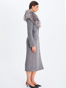Faye Wool Blend Single-Breasted Coat with Removable Faux Fur Collar | Grey