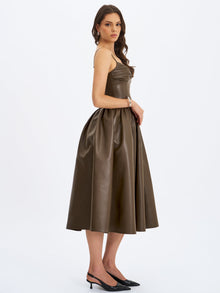 Parisia Vegan Leather Drop Waist Midi Dress | Cocoa