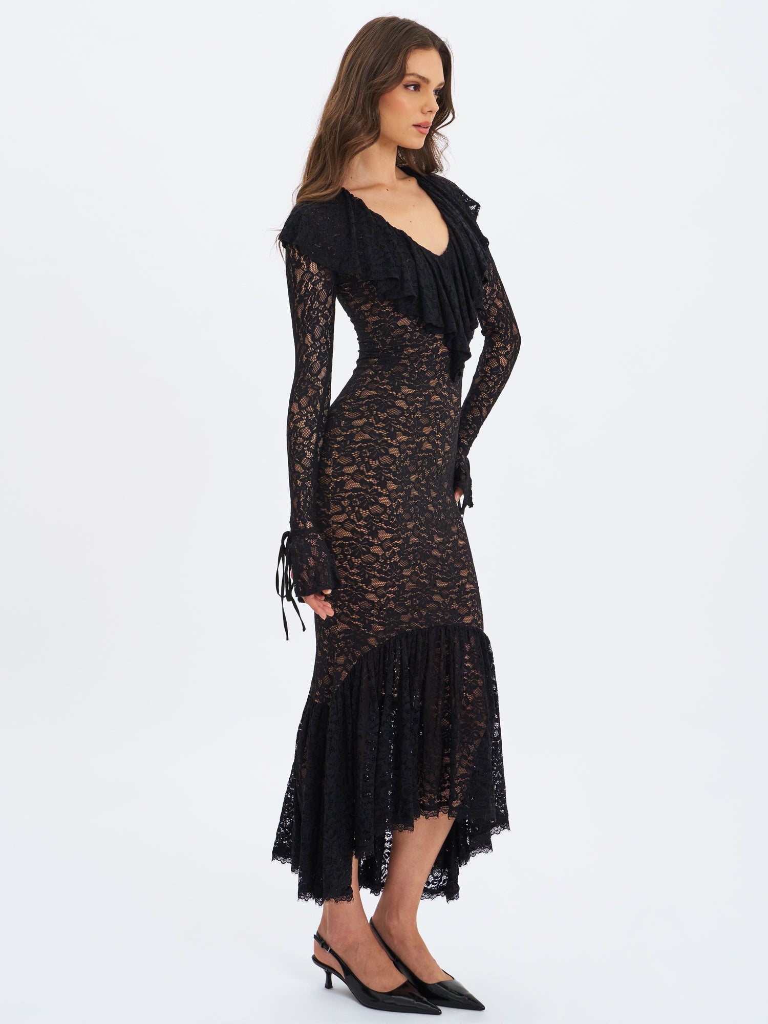 Parisa Lace Ruffled Mermaid Maxi Dress | Black