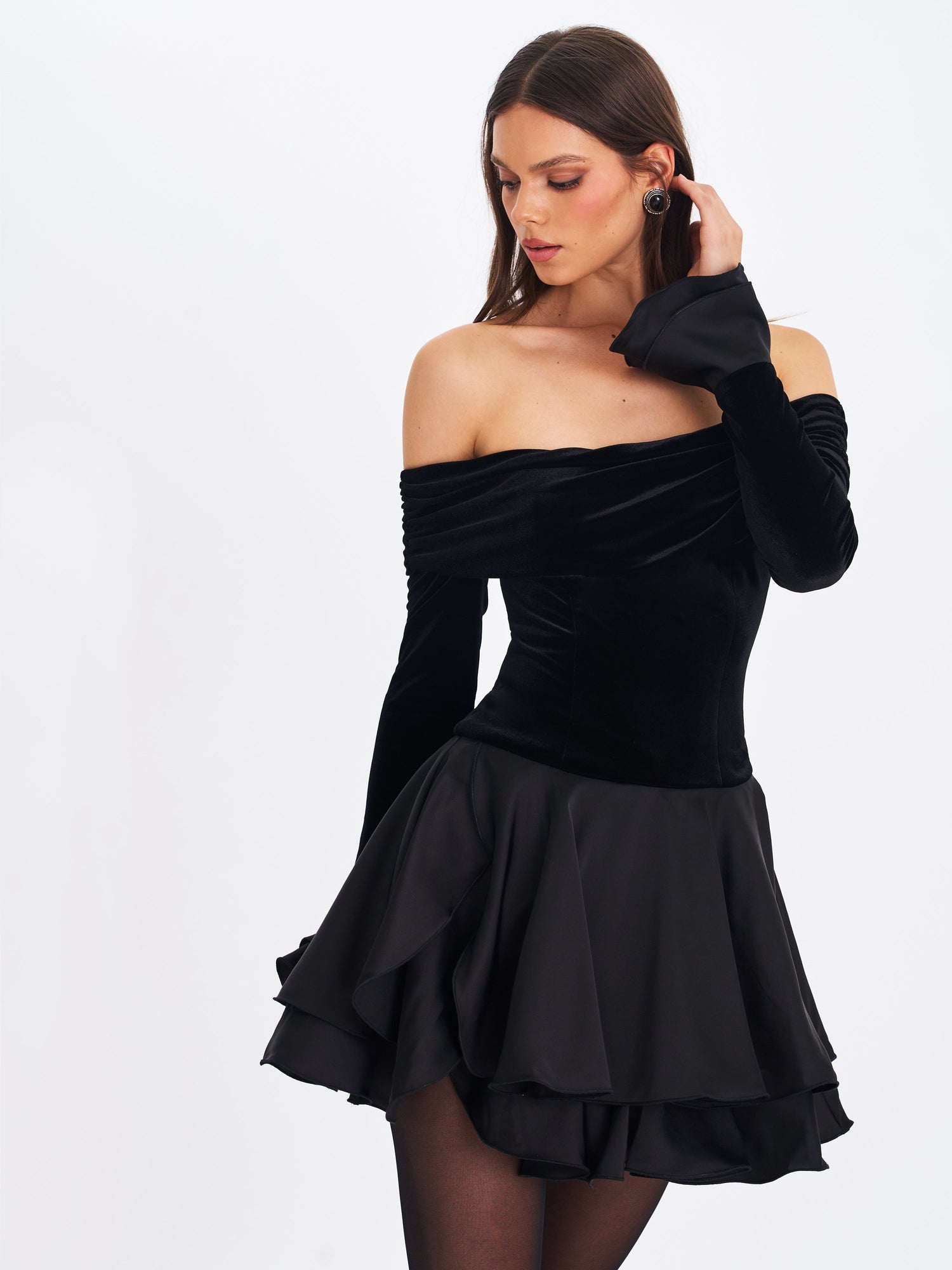 Magnolia Off-Shoulder Layered Satin Mini Dress | Black