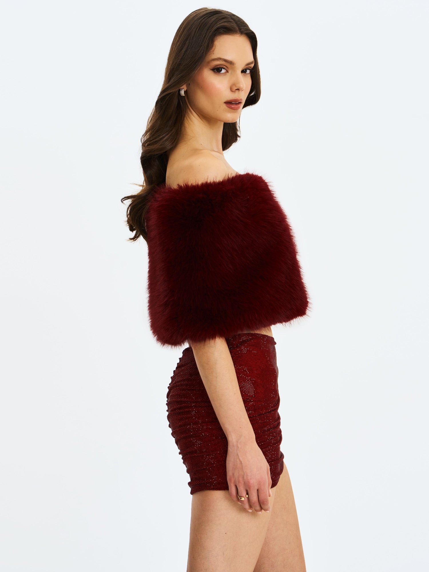 Darleen Rhinestone Mesh Low Waist Ruched Skirt | Crimson
