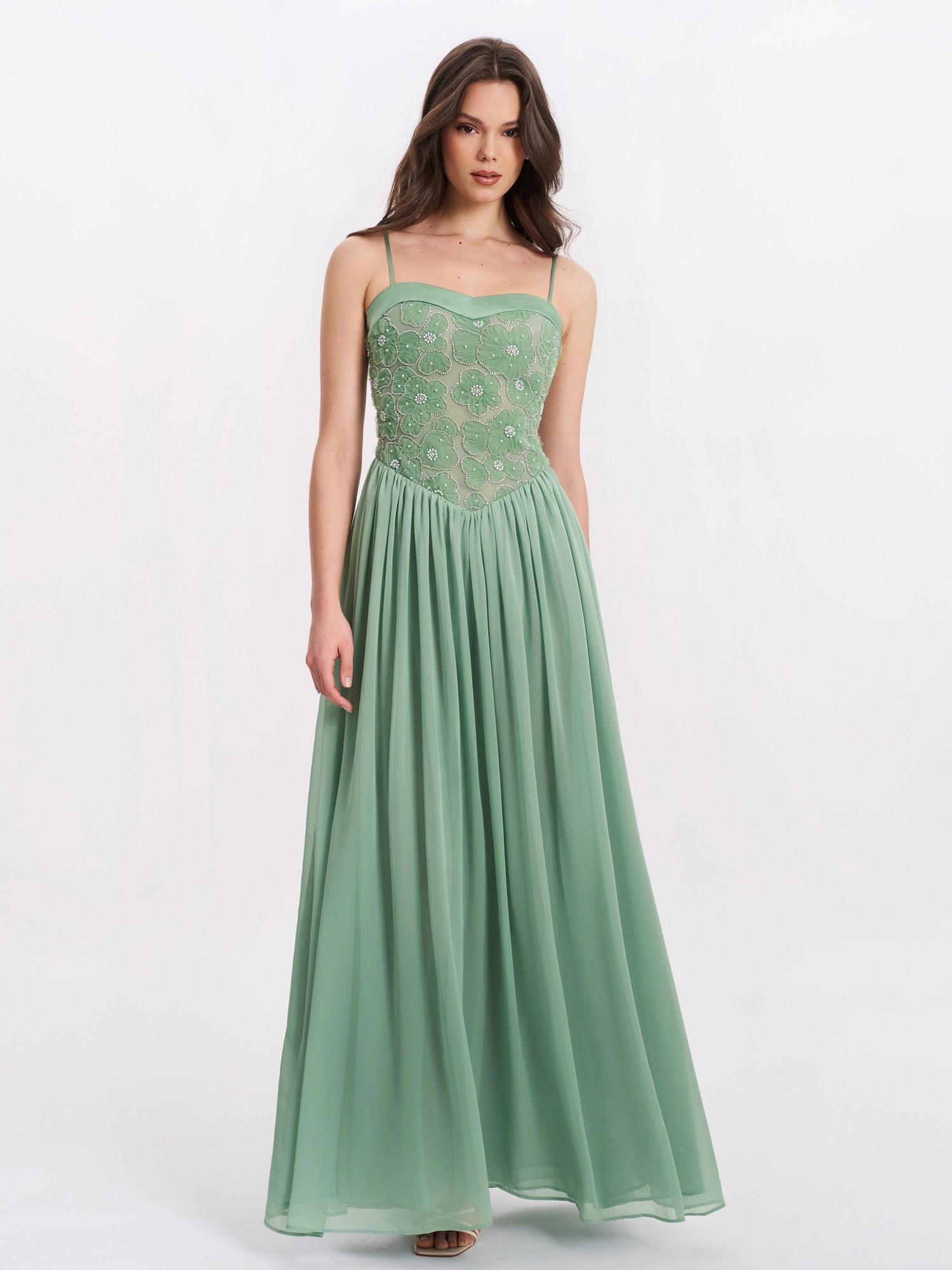 Ucille Embroidered Chiffon Maxi Dress | Sage Green