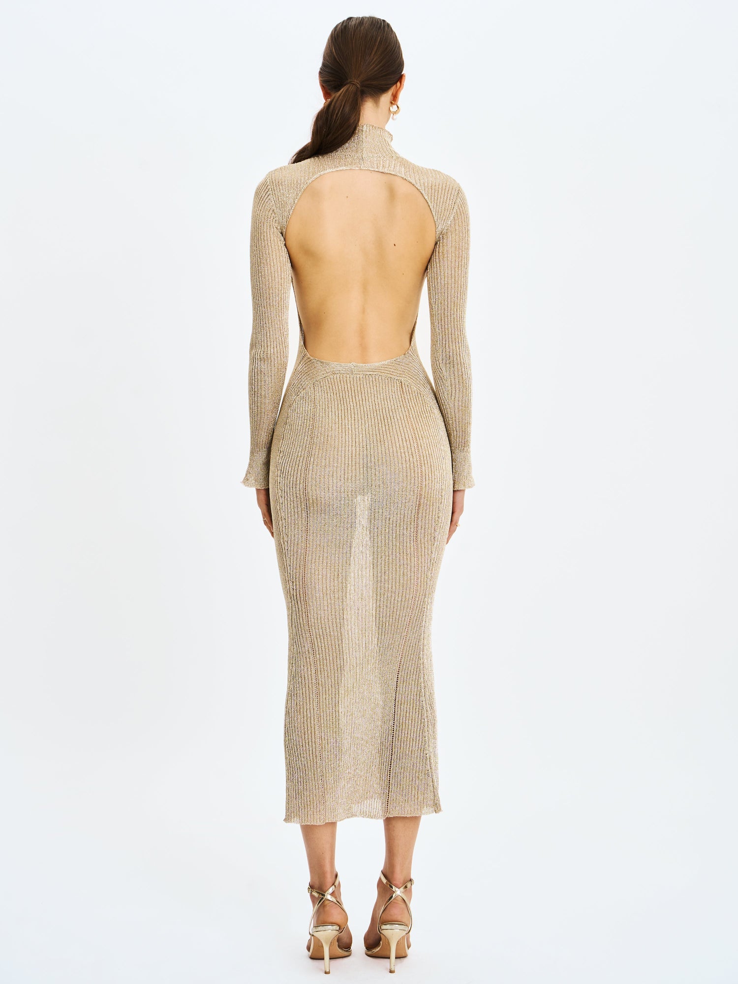 Shay Stretch Knit Backless Long Sleeve Maxi Dress | Gold
