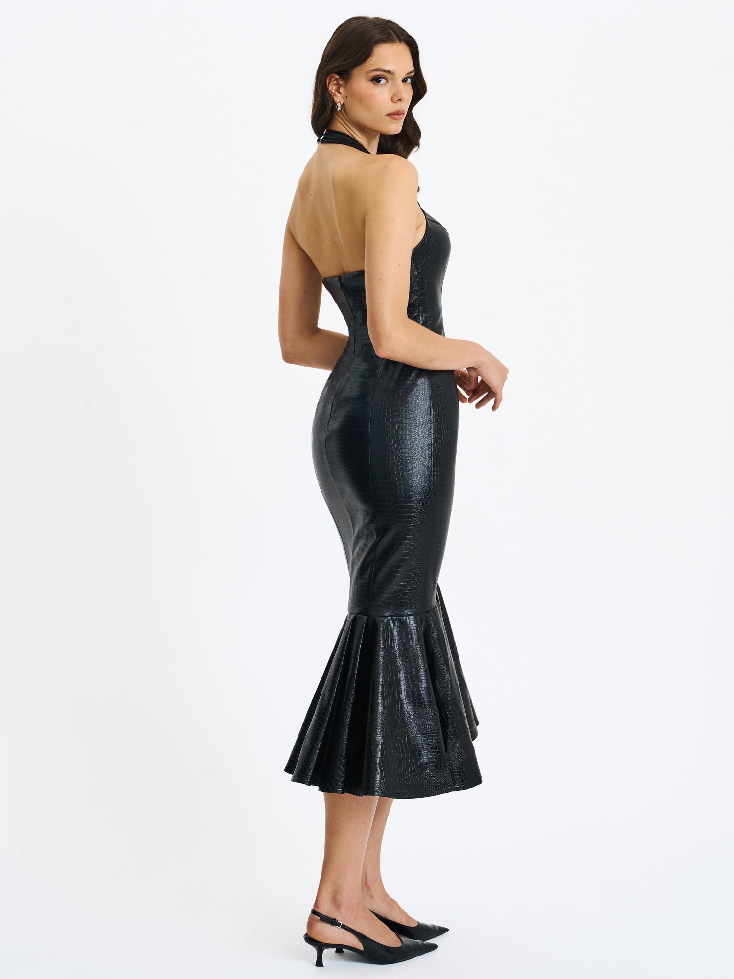 Gardenia Leather Midi Sweetheart Halter Flared Dress | Black