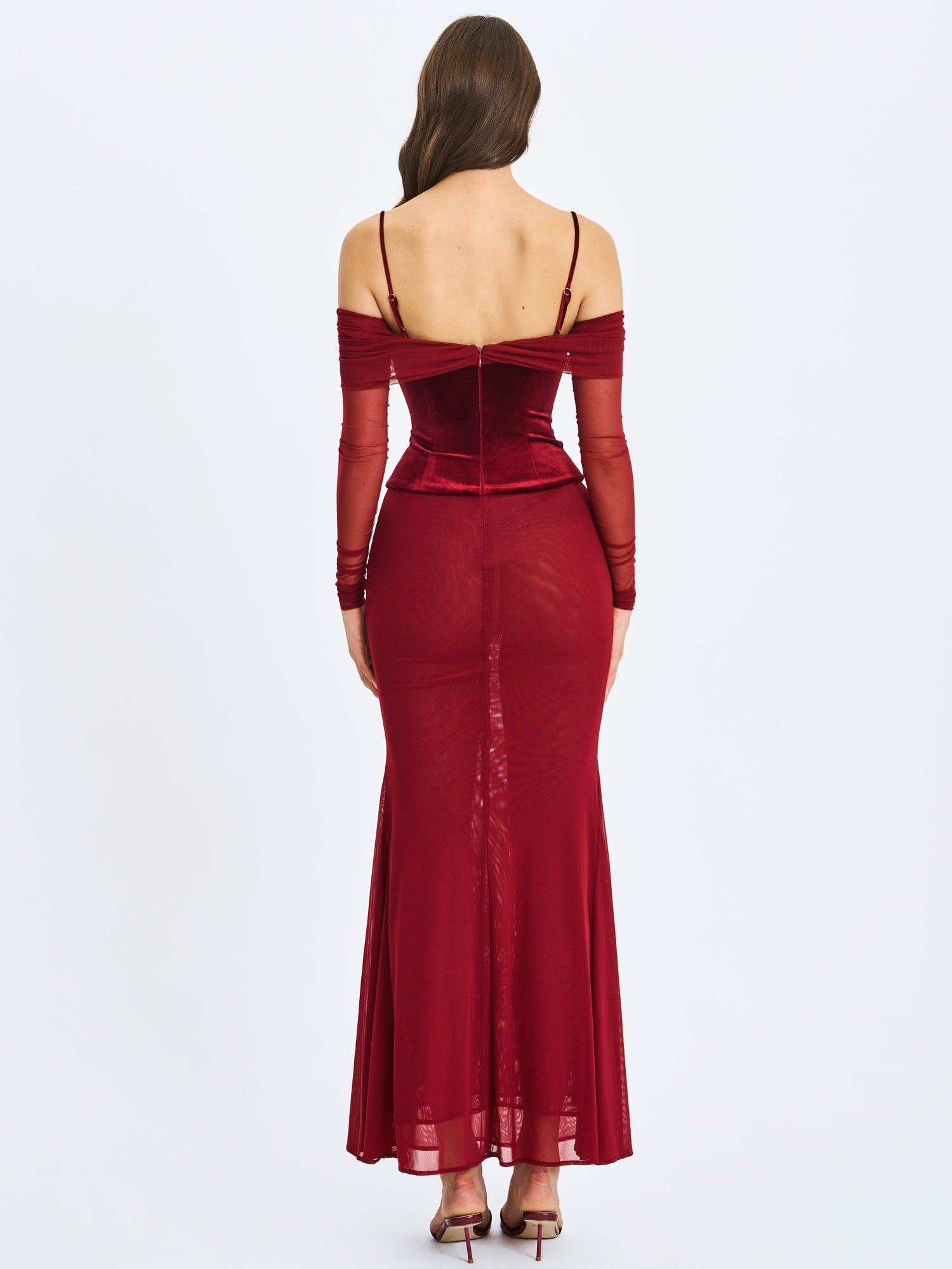 Maybelle Bardot Lace Strap Peplum Maxi Dress | Magenta