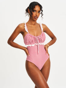 Hallie Lace Backless Swimsuit | Red Gingham