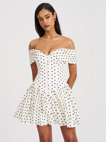 Edeline Polka Dot Off-shoulder Pleated Mini Dress | Black and White Polka Dot