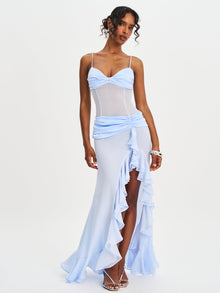 Lacy Ruched Breast High Slit Chiffon Dress | Blue