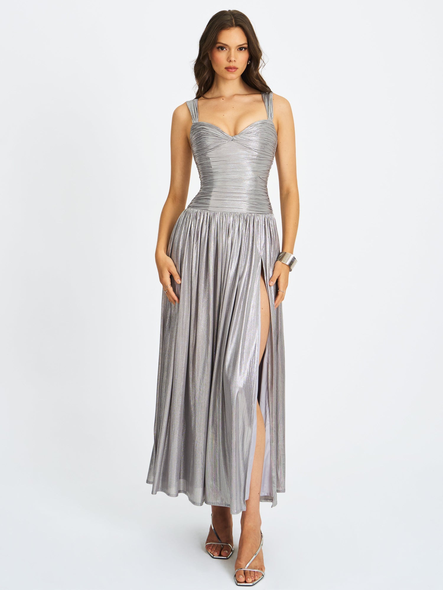 Palmer Glitter Drop Waist Maxi Dress | Silver