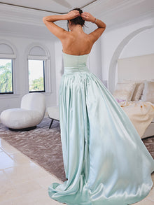 Lael Back Button Trailing Gown | Mint Green