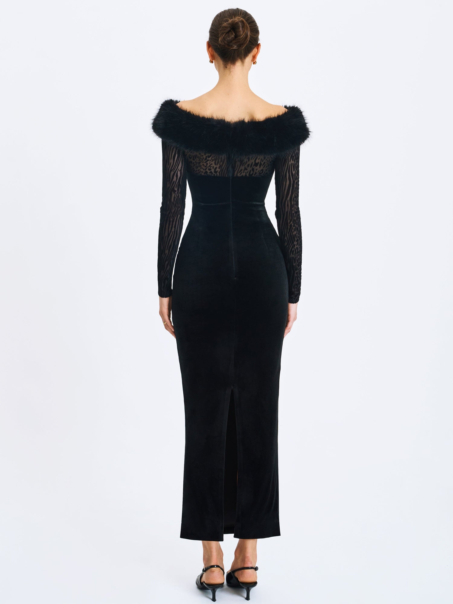 Alexis Velvet Animal Print Fur Boatneck Maxi Dress | Black