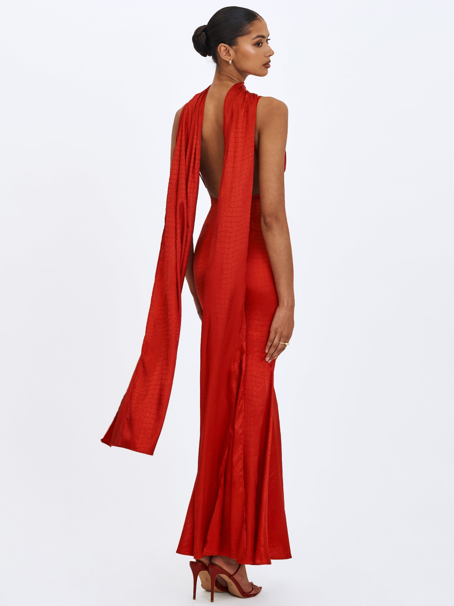 Kelsey Croc-Embossed Flared Hem Maxi Dress with Scarf | Scarlet