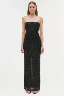 Black sequin strapless gown with fitted bodice and floor-length skirt.