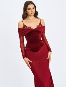 Maybelle Bardot Lace Strap Peplum Maxi Dress | Magenta