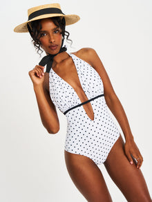 Olive Base Polka Dot Ruched Halter Backless Swimsuit | White