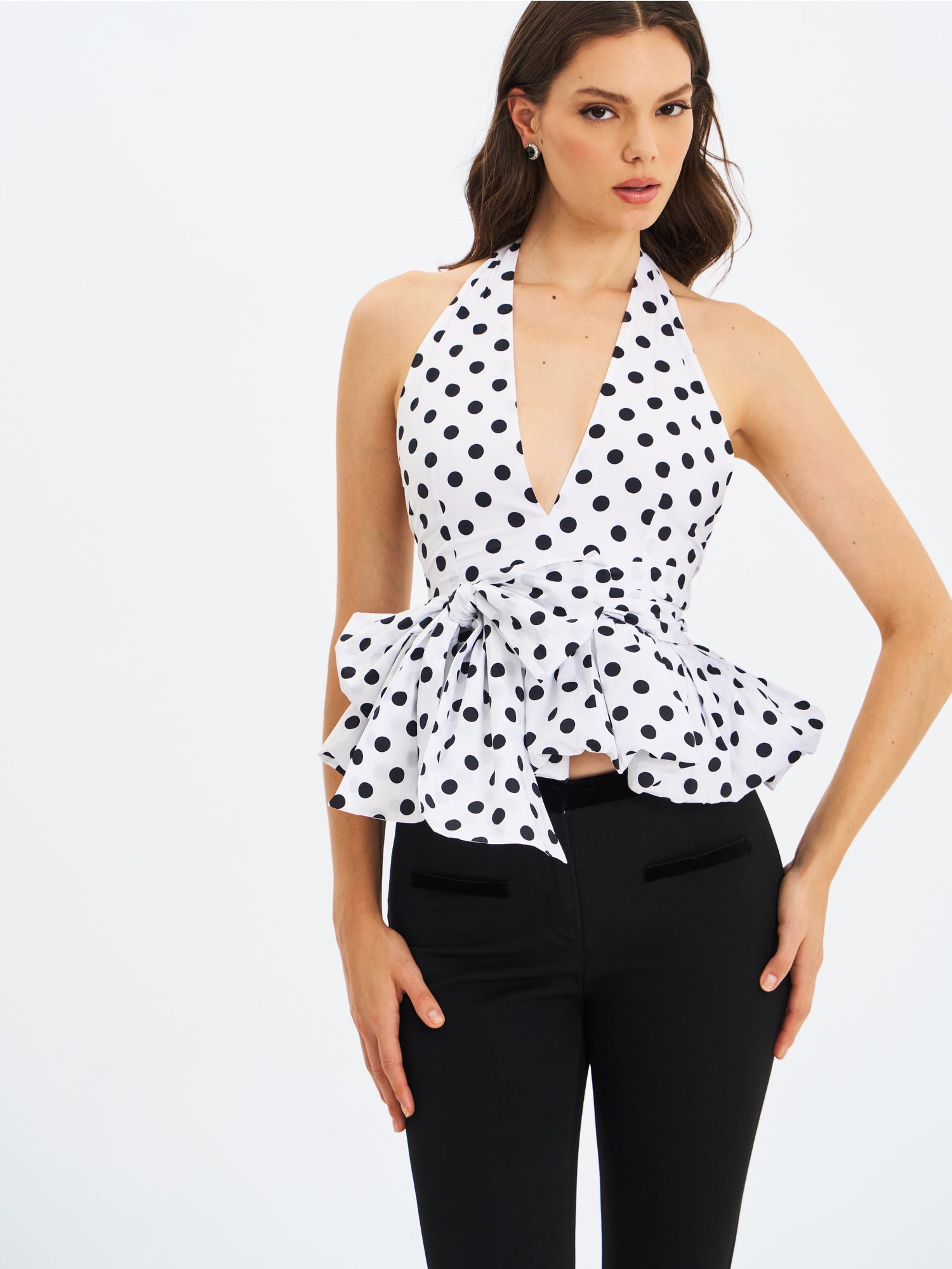 Ilene Polka Dot Cotton Poplin Bubble Hem Halter Top | Black and White Polka Dot