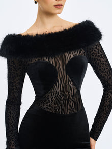 Alexis Velvet Animal Print Fur Boatneck Maxi Dress | Black