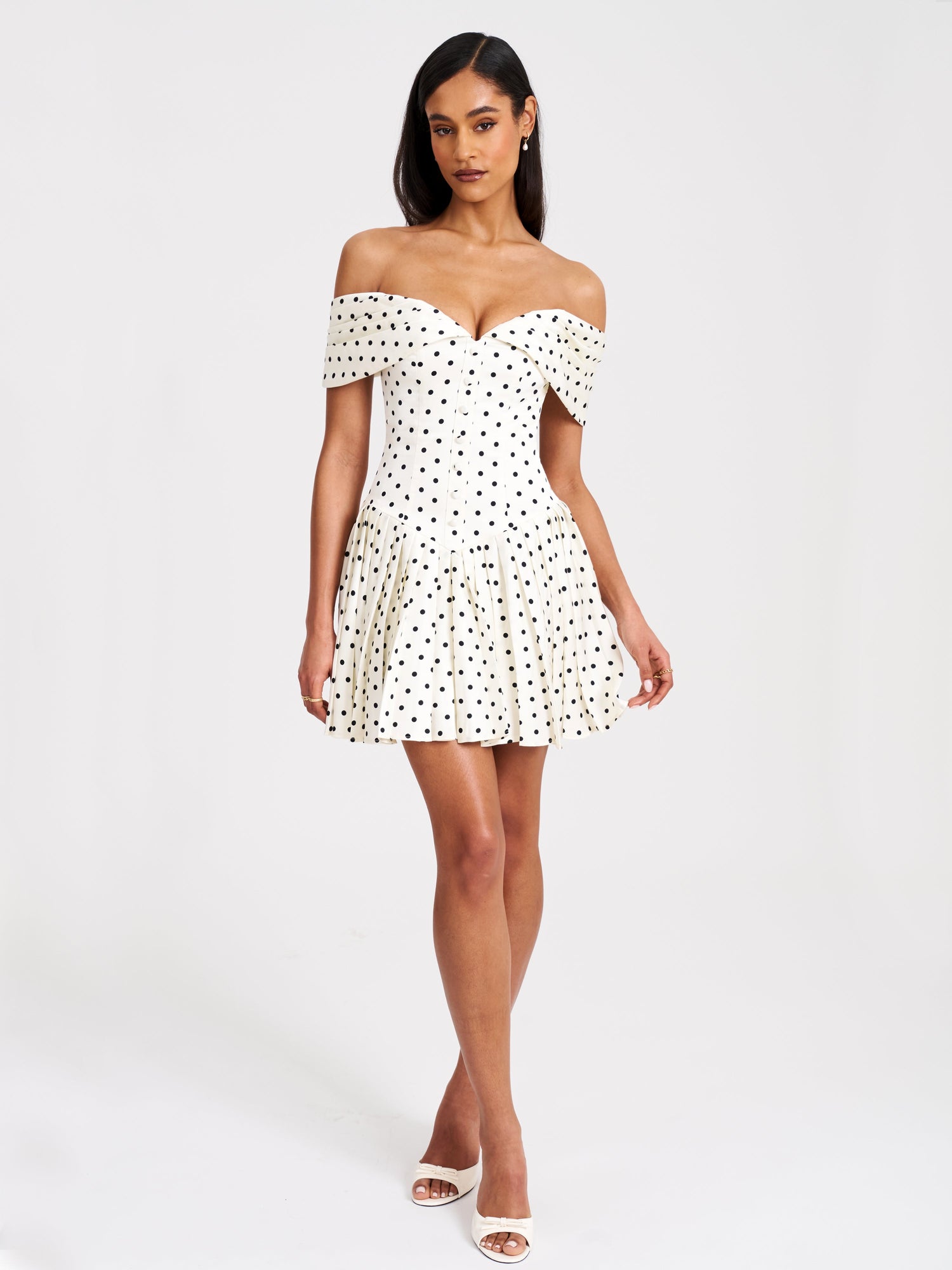 Edeline Polka Dot Off-shoulder Pleated Mini Dress | Black and White Polka Dot