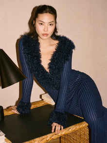 Romina Plunging Fur Trimmed Crochet Maxi Dress | Navy